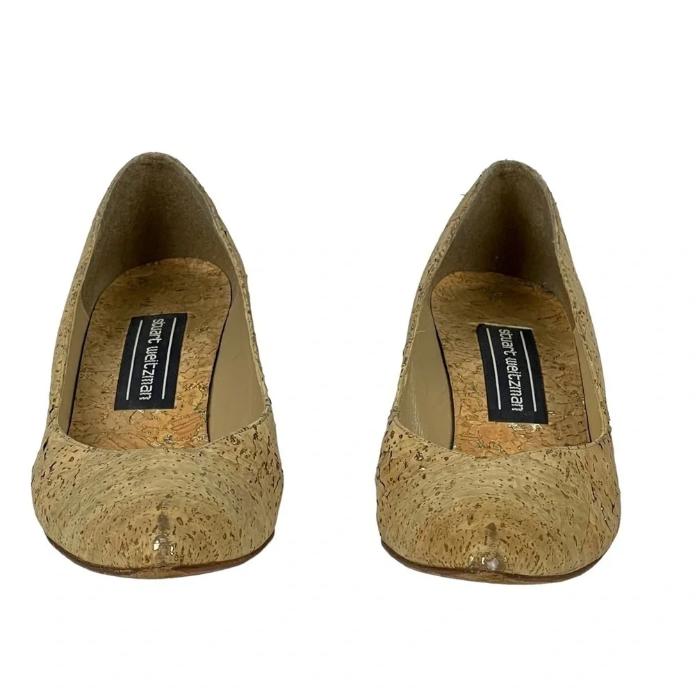 STUART WEITZMAN VINTAGE CORK V CLEAVAGE LEATHER SOLE SCULPTURAL HEEL PUMP HEELS